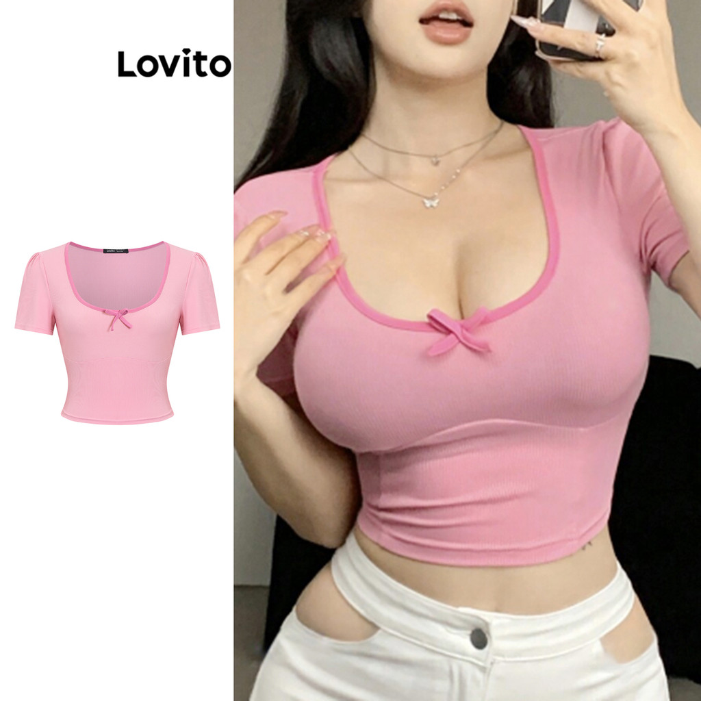 Lovito เสื้อยืดด้านหน้าผูกโบว์คอนทราสต์น่ารักธรรมดาสำหรับผู้หญิง 102AD030