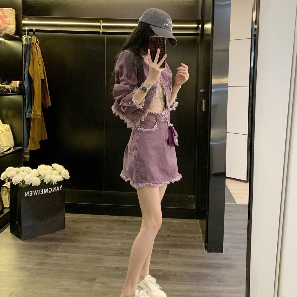 [สวมใส่สไตล์เกาหลีฤดูใบไม้ร่วง] ฤดูใบไม้ผลิฤดูใบไม้ร่วงใหม่สไตล์ชาแนลแจ็คเก็ต+กระโปรงชุดสองชิ้นขอบขนยาวระดับไฮเอนด์สไตล์เกาหลีสวมใส่อารมณ์ทอดถนน