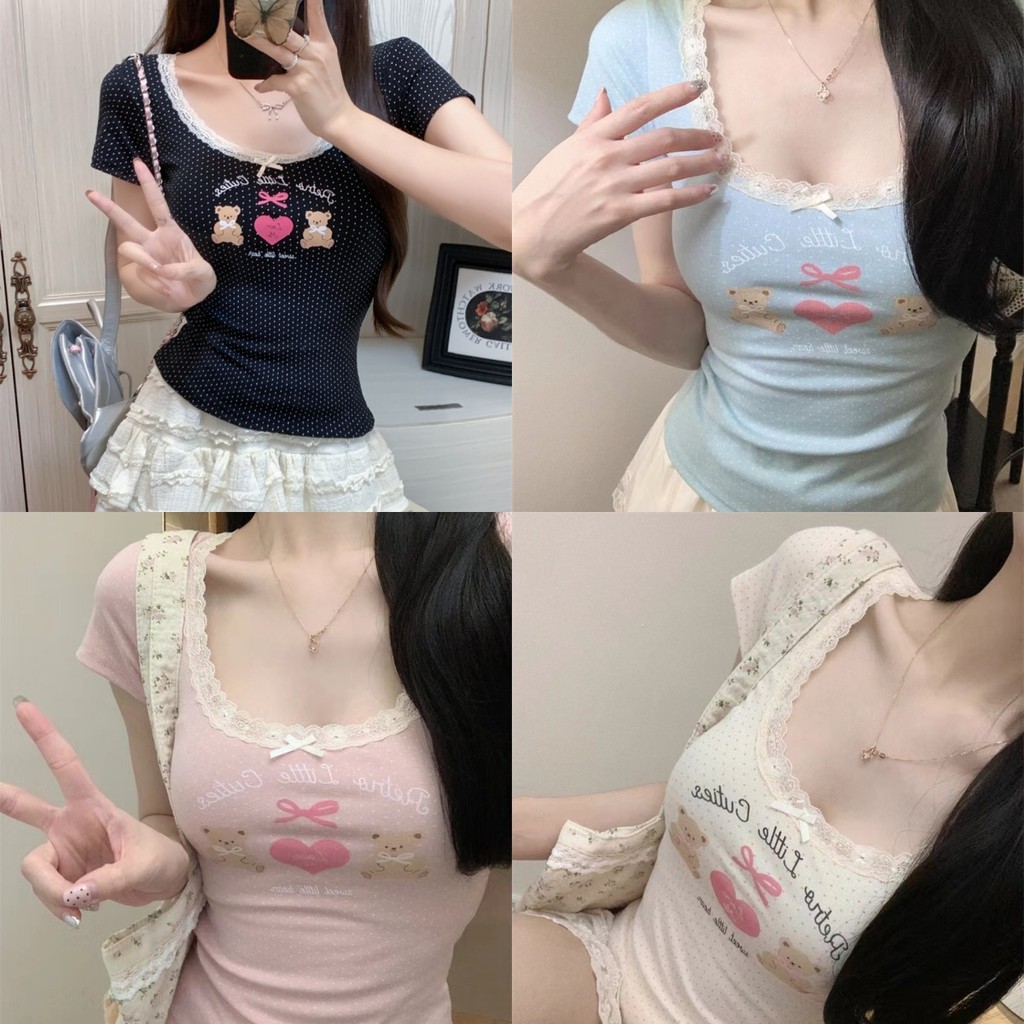 Evelyn เสื้อยืดครอปแขนสั้น ผู้หญิง คอกลม เกาหลีสไตล์ มีฟองน้ำ ดีเทลแต่งลายน้องหมี น่ารักๆ สไตล์ลำลอง#FY5058