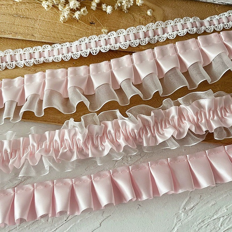 1 หลา/5 หลาสีชมพู Series ลูกไม้ Trim ริบบิ้นอุปกรณ์เสริม Handmade Diy ตกแต่งกระโปรง Hem เสื้อผ้าอุปกรณ์เสริมจีบ Ruffles กว้าง