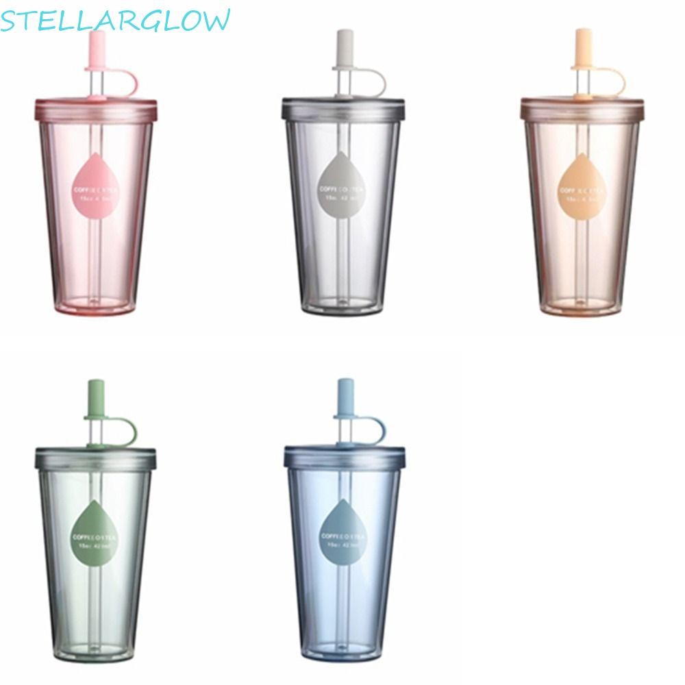 Stellarg ถ้วยกาแฟเย็น, ถ้วยแก้วน้ําพลาสติกใสแบบใช้ซ้ําได้, ของขวัญพร้อมฝาปิด Double Wall 320/420/520ml ถ้วยน้ําเด็กวัยหัดเดิน