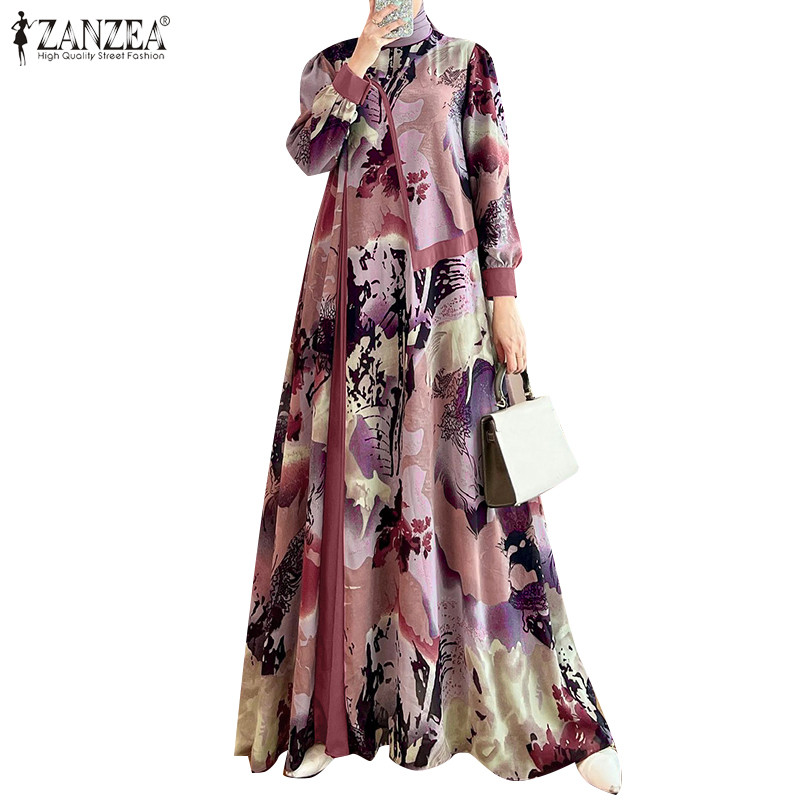ZANZEA ซานเซีย ผู้หญิงมุสลิมลําลองคอกลมแขนยาวพิมพ์ชุดยาว