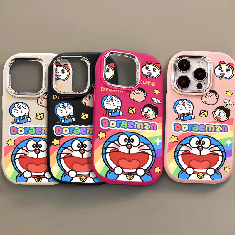 ส่วนบุคคลสายรุ้งโดราเอมอนเคสโทรศัพท์เข้ากันได้สําหรับiphone 15 14 13 12 16 Pro Max XR X/XS Max 7/8 Plusหนาซิลิโคนนุ่มElectroplatedสีMatteเคสโทรศัพท์