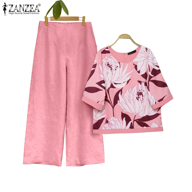 ZANZEA ซานเซีย ผู้หญิงเกาหลีลําลองทุกวันพัฟแขนพิมพ์ชุดเอวยางยืดขากว้าง