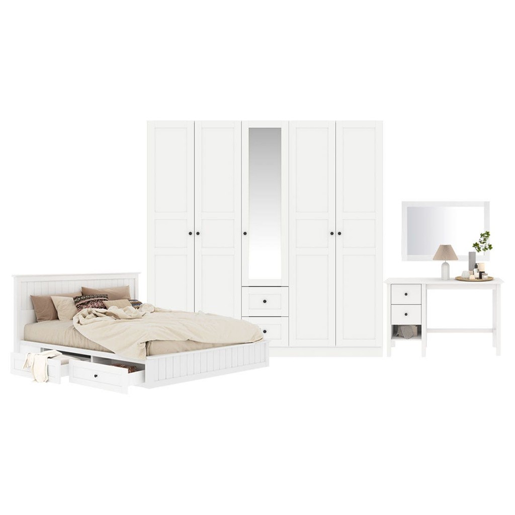 Koncept Furniture ชุดห้องนอน ขนาด 5 ฟุต แบบลิ้นชัก รุ่น Moneta & ตู้เสื้อผ้าขนาด 200 ซม. สีขาว  แบรนด์ KONCEPT FURNITURE