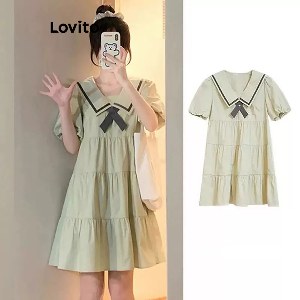 Lovito เดรสผู้หญิง จับจีบ ผูกคอ สีพื้น สไตล์เพร็พพี่ LNA49206