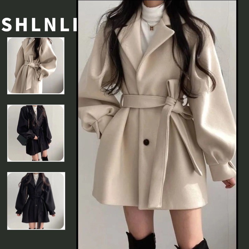 ฤดูใบไม้ร่วงฤดูหนาวสไตล์เกาหลีอารมณ์เรียบง่ายเสื้อขนสัตว์ผู้หญิงสายย้อนยุคฝรั่งเศสสลิมฟิตกลางความยาวแจ็คเก็ต