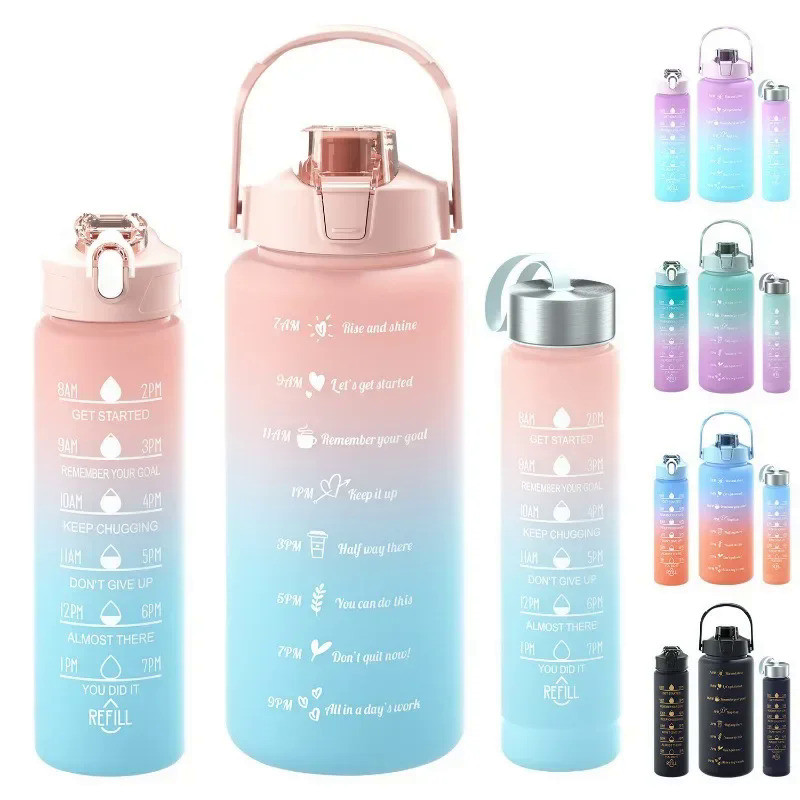 3-Piece Set Large Capacity Gradient Water Bottle,Water Bottle with Straw 2 Litre Leakproof with Time