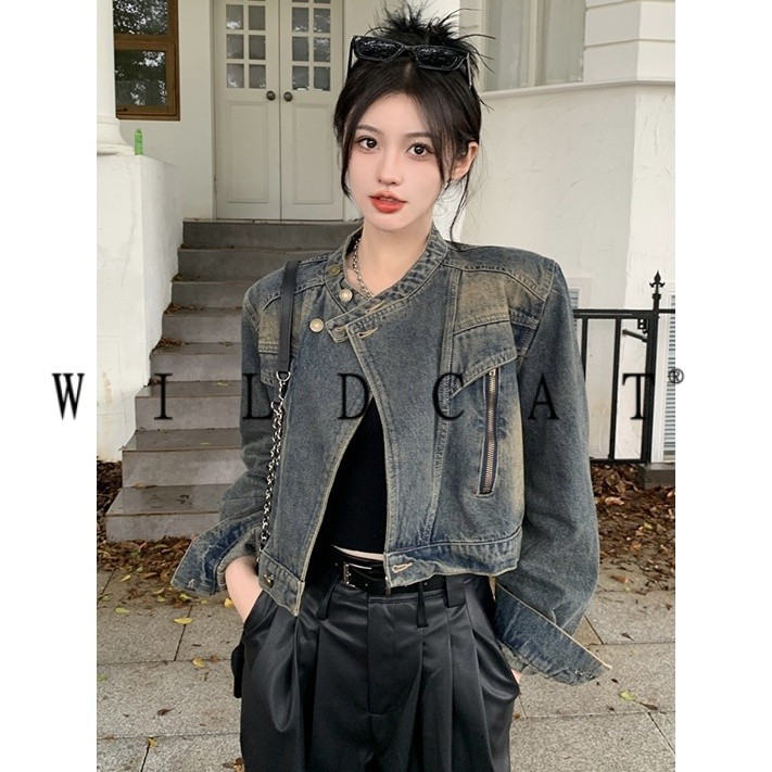 Retro สไตล์อเมริกันสไตล์ด้อยออกแบบ Stand-Up Collar Overalls Denim แจ็คเก็ตผู้หญิงฤดูใบไม้ร่วงใหม่สไตล์ Slim-fit Slimmer ดูสั้นด้านบน