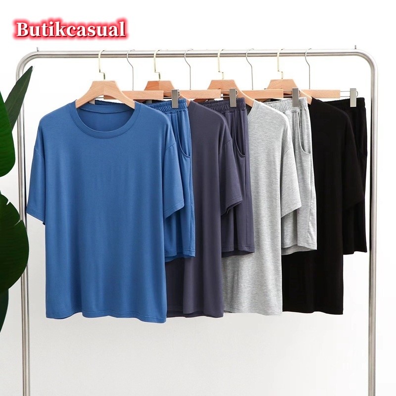 ชุดนอน เสื้อแขนสั้น กางเกงขาสั้น ผ้าฝ้าย ทรงหลวม ใส่สบาย เรียบง่าย เหมาะกับฤดูร้อน สําหรับผู้ชาย 2023 2 ชิ้น