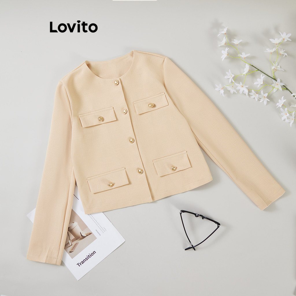 Lovito เสื้อแจ็คเก็ตปุ่มกระเป๋าปลอมเรียบหรูธรรมดาสำหรับผู้หญิง L106AD312