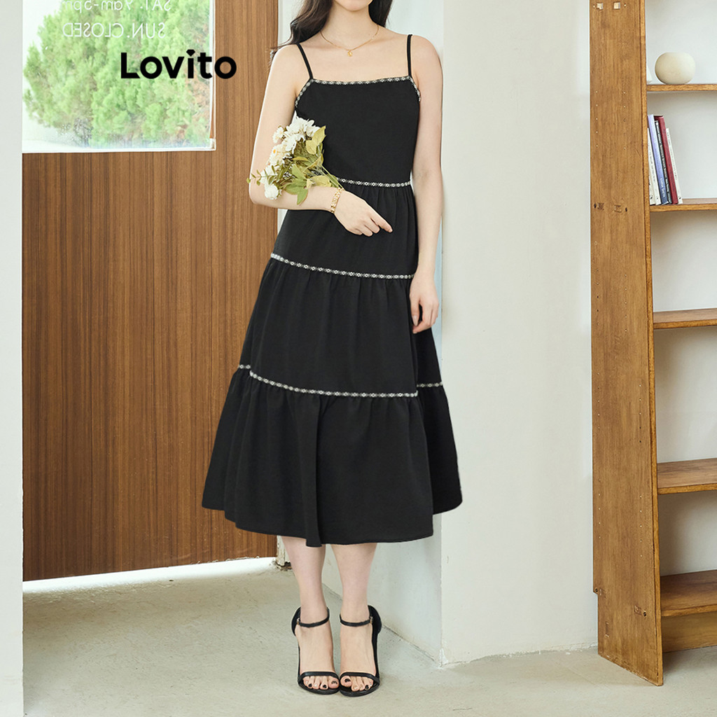 Lovito ชุดเดรสเทปคอนทราสต์ โบฮีเมียนสีพื้นสำหรับผู้หญิง L104ED341