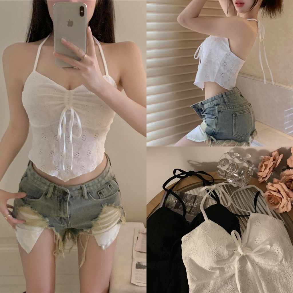 🍊Evelyn🍊เสื้อคล้องคอ มีฟองน้ำ sexy ดีเทลลายฉลุ น่ารัก ครอปท็อป ใส่สบาย สไตล์ลำลอง ส่งไวจากไทย