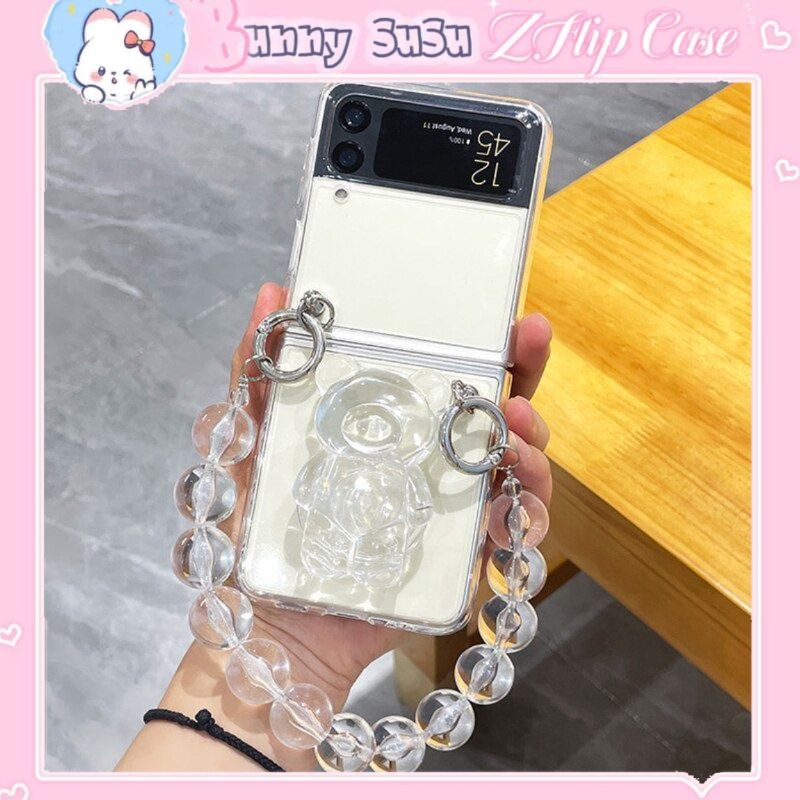 เคส Samsung Z Flip 4 - Z Flip3 - Z Flip 3 - Flip3 - Flip4 5G พร้อมหมีหวายน่ารักและโซ่หินหรูหรา