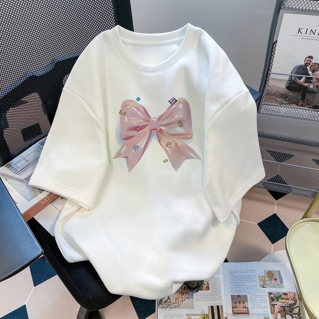 เกาหลี เสื้อแบบดารา เสื้อยืดแขนสั้น CMDXY1247 ผู้ชาย ผู้หญิง ลายทาง ตัวอักษร หลวม ลายสกรีน ฤดูร้อน ฤดูใบไม้ผลิ