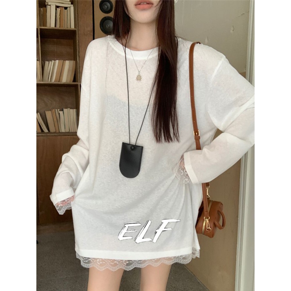 Lace Panel Midi Crewneck เสื้อยืดสีขาวหลวม