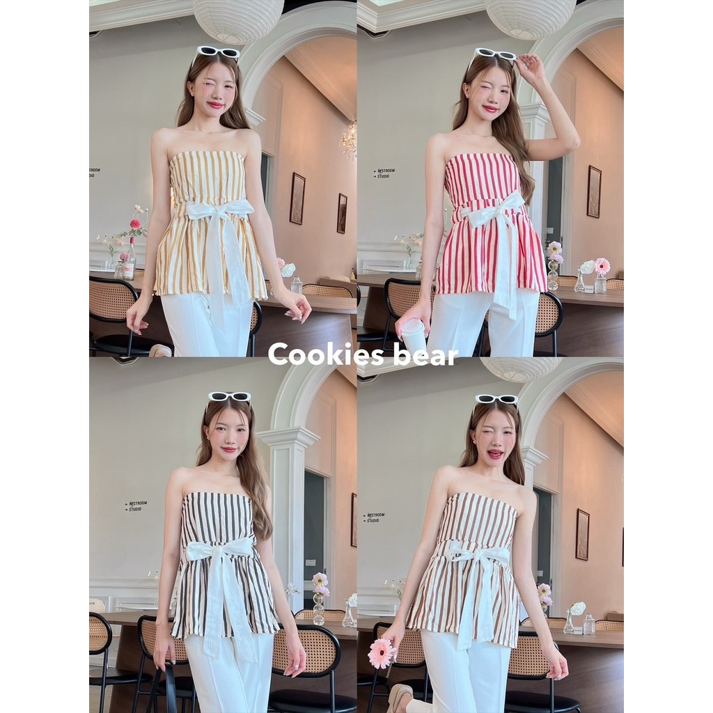 เสื้อเกาะอกตัวยาวทรงใหม่ ดีเทลมีหูผูกโบว์ใหญ่รอบ ผ้าริ้วบับเบิ้ล สม๊อคหลัง เข้าทรงพอดีตัว ใส่แมตท์ง่ายมาก Cookie Bear
