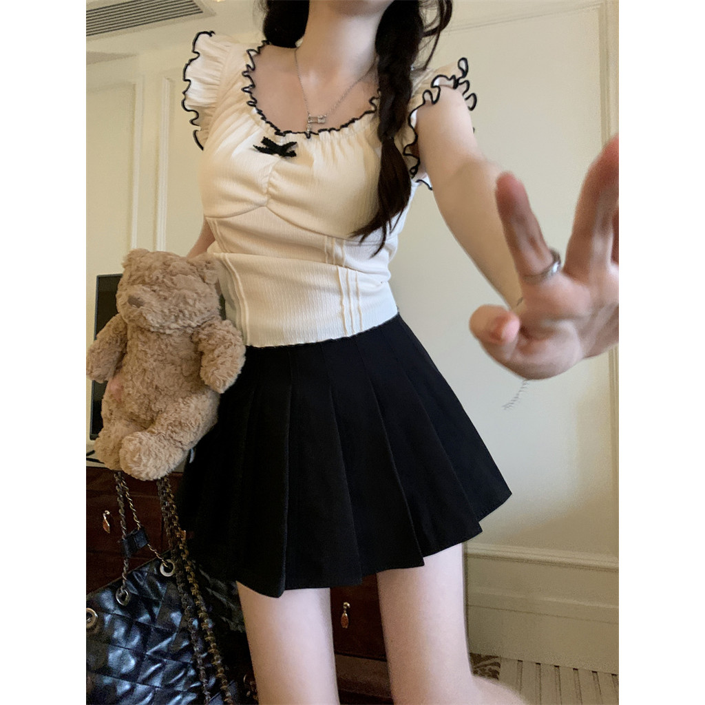 💖Anne💖เสื้อยืดแขนสั้น คอกลม แขนสั้น ขอบหยัก แต่งโบว์💕เสื้อครอป สไตล์เกาหลี แฟชั่น น่ารัก💞#M2530