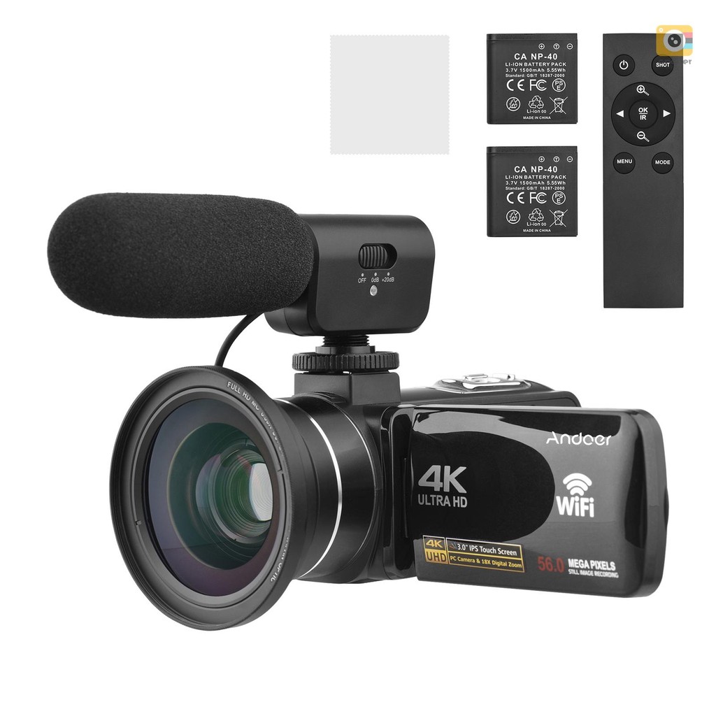 Andoer 4K กล้องวิดีโอดิจิตอล WiFi กล้องวิดีโอ DV Recorder 56MP 18X ซูมดิจิตอล 3.0 นิ้ว IPS Touchscreen รองรับการตรวจจับใบหน้า IR Night Vision Anti-shake พร้อมแบตเตอรี่ 2 ชิ้น + Re