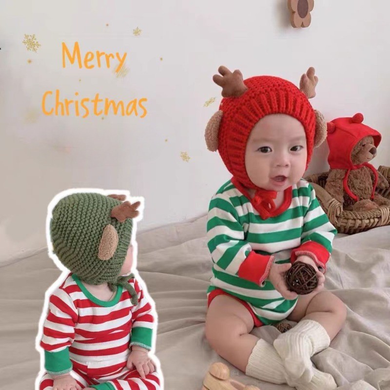 เสื้อผ้าคริสต์มาสทารกแรกเกิด-ฤดูใบไม้ร่วงและฤดูหนาวทารกสีแดงและสีเขียวลายชุดบรรยากาศคริสต์มาสสําหรับเด็กชายและเด็กหญิง