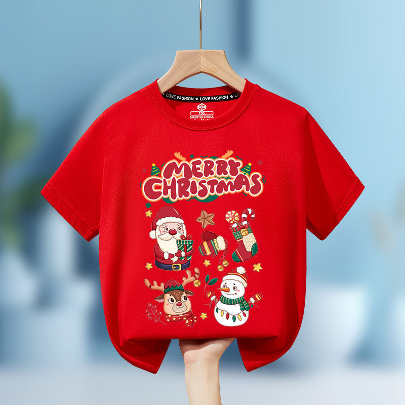 [ Promotion ]Christmas Children's T-shirt เสื้อยืดแขนสั้นสีแดงคริสต์มาสสําหรับเด็กชุดปีใหม่งานรื่นเริงสําหรับ100-150