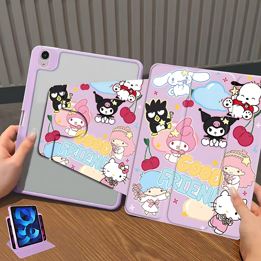 Triple fold เคสไอเเพด ฟังก์ชั่นการหมุน 360° ผู้ถือปากกาด้านขวา for gen10 gen7 gen8 gen9 10.2 Air4 air5 10.9 Air6 11 นิ้ว" Pro11 10th Air3 Pro10.5 Purple light รูปแบบการ์ตูน เคสสำหรับ ไอแพด
