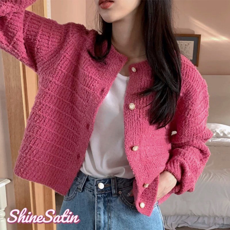 ShineSatin จัดส่งจากกรุงเทพ เกาหลีเวอร์ชั่นสั้น เสื้อคาร์ดิแกนผู้หญิง คอกลมแขนยาว ถักแฟชั่น สไตล์ลำลอง