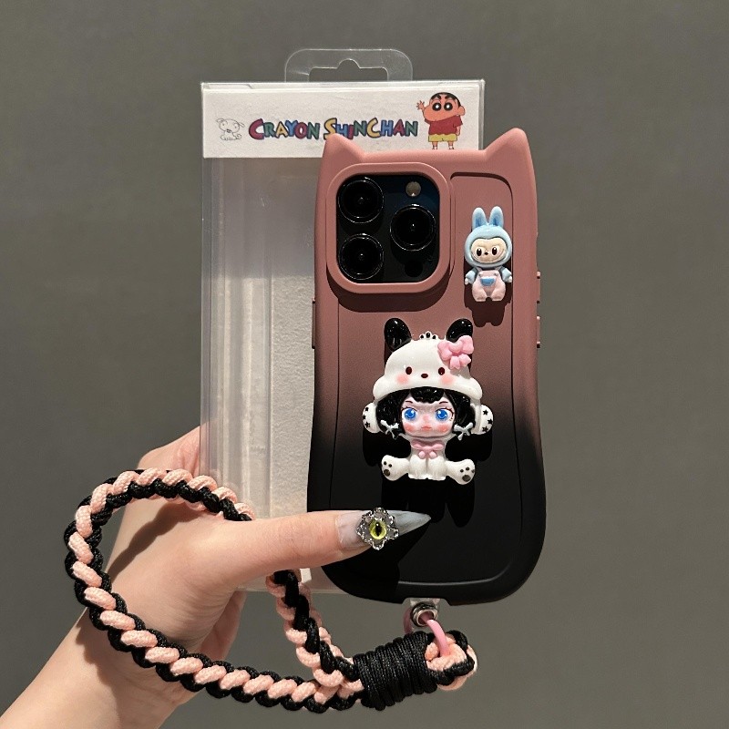 [พร้อมเชือกคล้องโทรศัพท์] Gradient Cat Ear Powder Black Stereo DORA เคสโทรศัพท์สําหรับ iPhone16 15 14 13 12 11 Pro Max IX SMAX XR XS กันกระแทกป้องกันกล้องซิลิโคนนุ่มกลับ cove