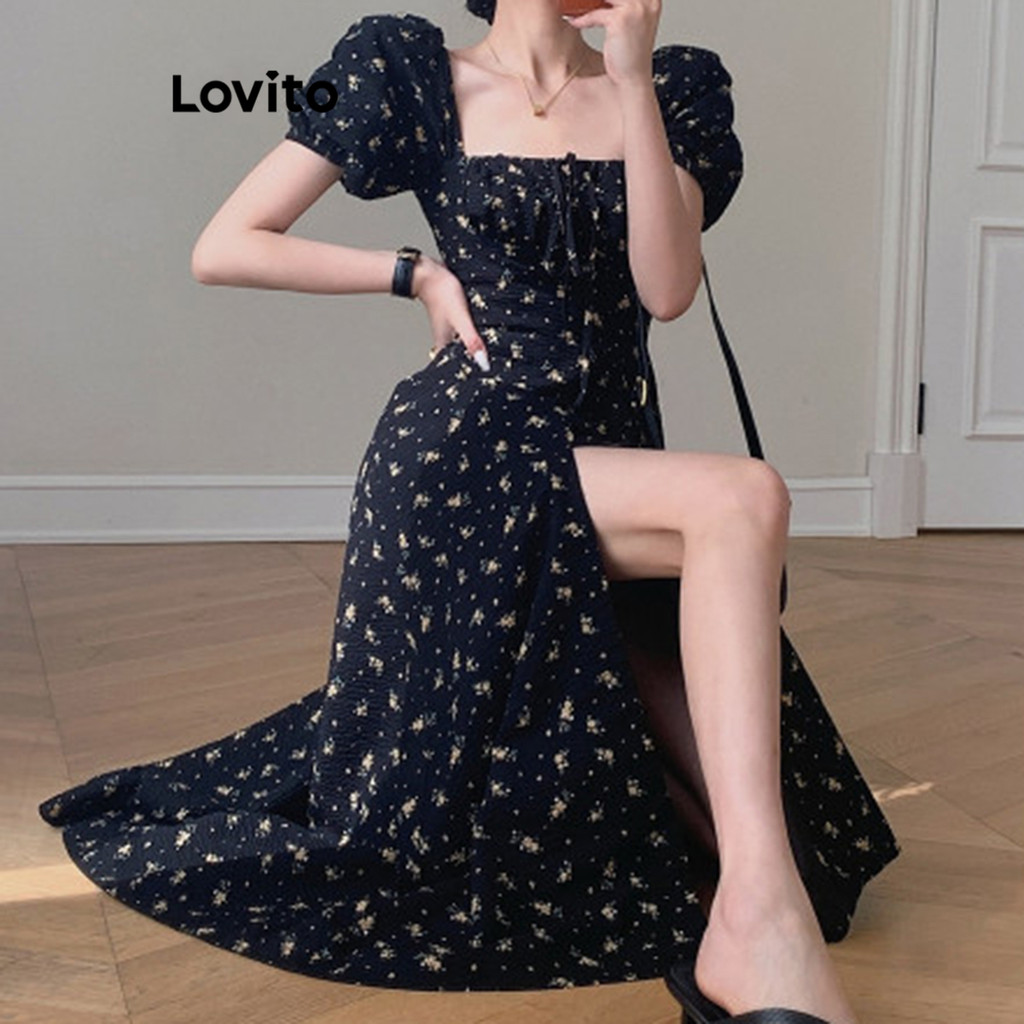 Lovito เดรสผู้หญิง สไตล์ลำลอง ลายดอกเดซี่ รูดเชือก แต่งผ่าหน้า LNA29175 (สีดำ)