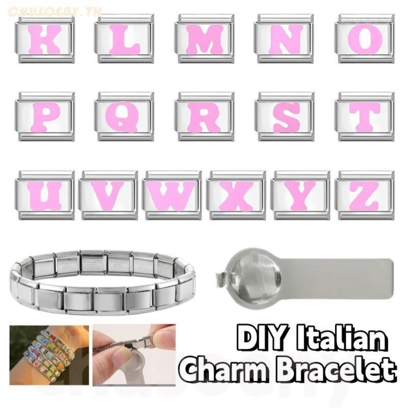 ยอดนิยมรักสีชมพูตัวอักษรอิตาเลี่ยน Charm Links Fit สร้อยข้อมือสแตนเลส 9 มม.ทําเครื่องประดับ