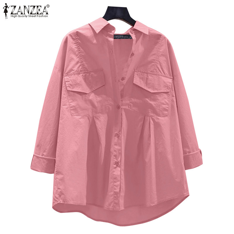 ZANZEA ซานเซีย ผู้หญิงเกาหลีแฟชั่นกระเป๋าออกแบบสีทึบหลวมสบายๆ3/4แขนเสื้อ