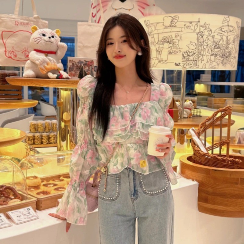Micki-ดอกไม้ ชีฟอง แขนยาว เสื้อเชิ้ต สุภาพสตรี สไตล์ใหม่