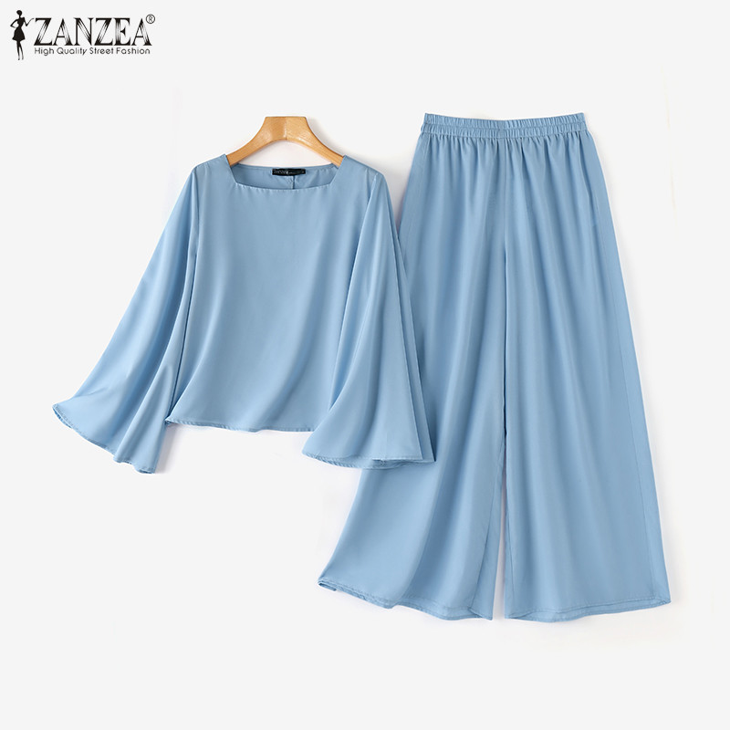 Zanzea ผู้หญิงเกาหลีคอกลมแขนยาว Ruffle เสื้อเอวยางยืดขากว้างและกางเกงขายาว