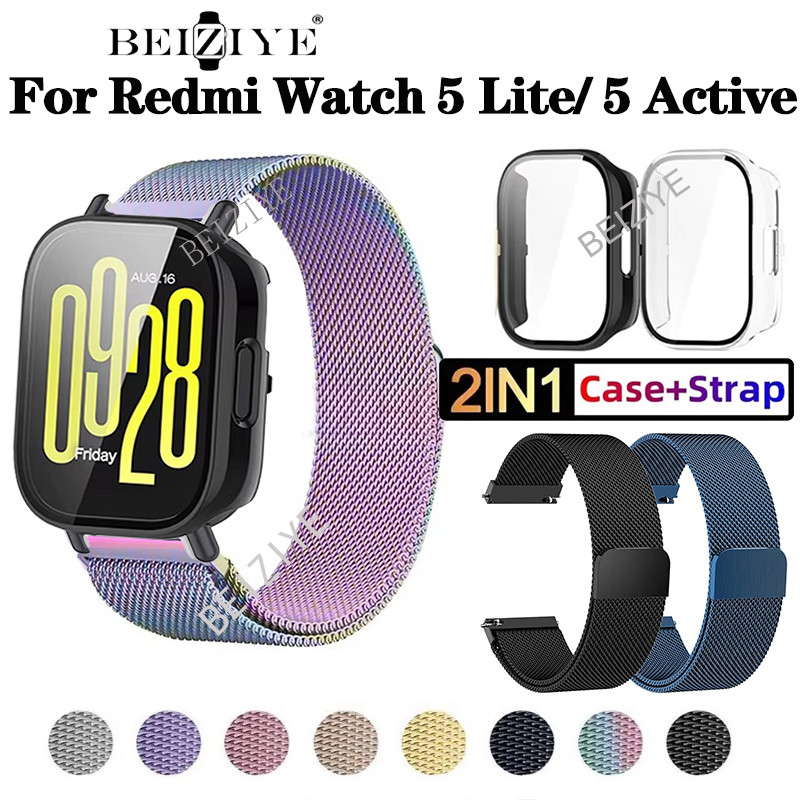 2-in-1 PC กระจกนิรภัย + สายโลหะสําหรับ Xiaomi Redmi นาฬิกา 5 Active Band พร้อม PC กรณีป้องกันหน้าจอ Redmi นาฬิกา 5 Lite เปลี่ยน Milanese Magnetic Watchband