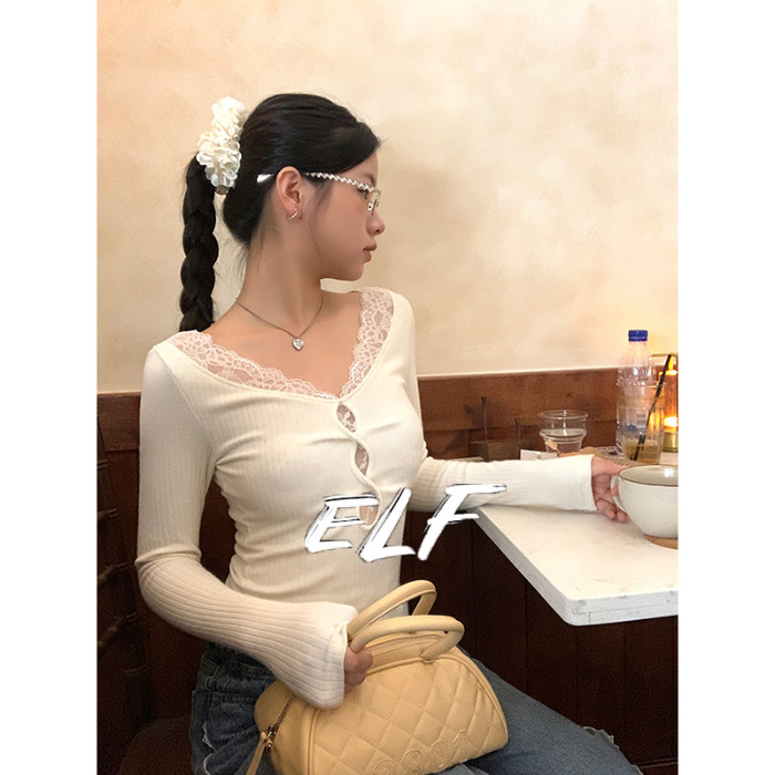 ELFwoo แคชเมียร์พรีเมี่ยมตัดลูกไม้เสื้อแขนยาว