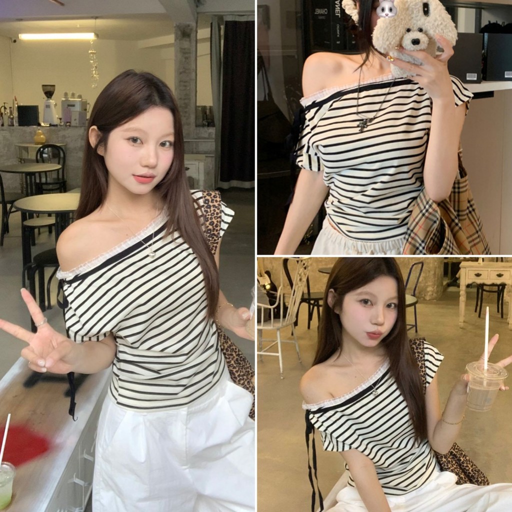 Hotgirl พร้อมส่ง เสื้อยืดปาดไหล่ผู้หญิง เสื้อยืดลายทาง แขนสั้น น่ารักและเซ็กซี่ รุ่นใหม่ล่าสุด สไตล์เกาหลี