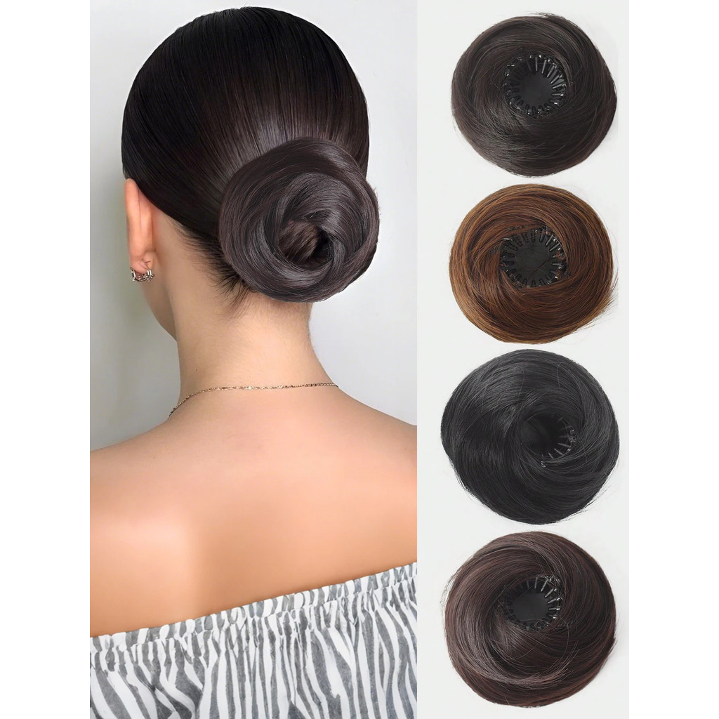 มวยผมสังเคราะห์ Chignon หางม้า Hairpiece Updo Donut Hair Extensions ยืดหยุ่นวงยืดหยุ่นสีน้ําตาลเข้มสําหรับผู้หญิง