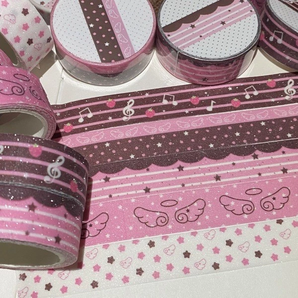 2m Frosted glitter สีน้ําตาลสตรอเบอร์รี่ช็อกโกแลต Washi เทปสีชมพูปีกดาว Journal ตกแต่งเทปถุงของขวัญปิดผนึกสติกเกอร์