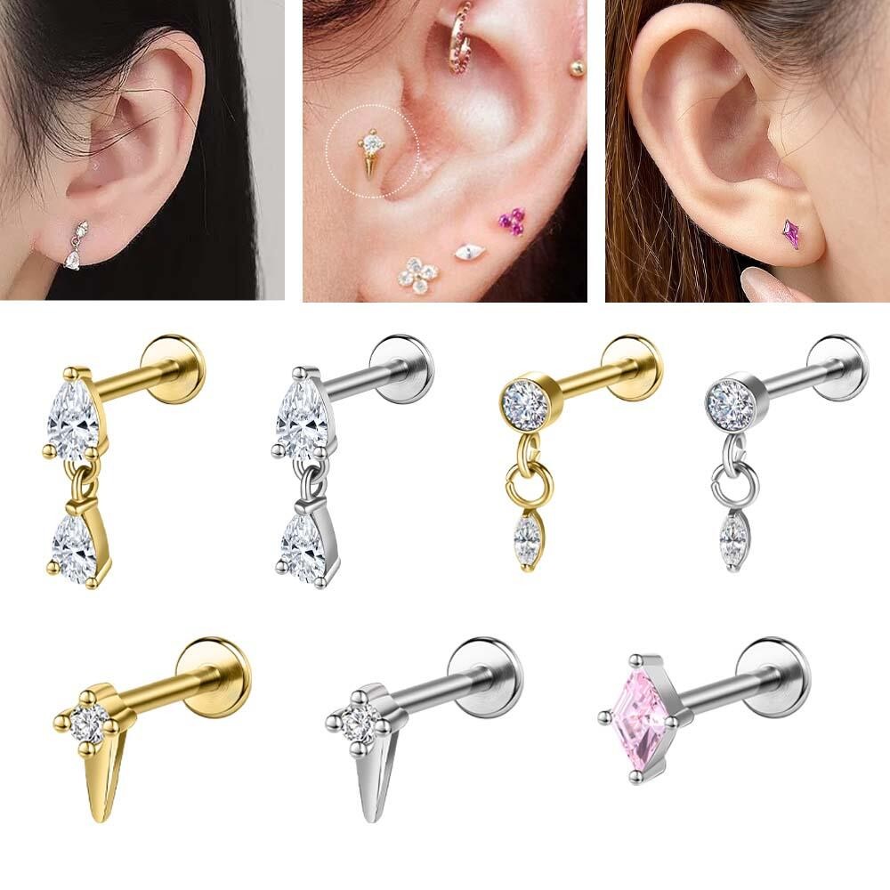 1PC 16G สแตนเลส Lip Piercing จี้หยดน้ำ Labret คริสตัล Lip Studs สำหรับ Tragus Conch Helix