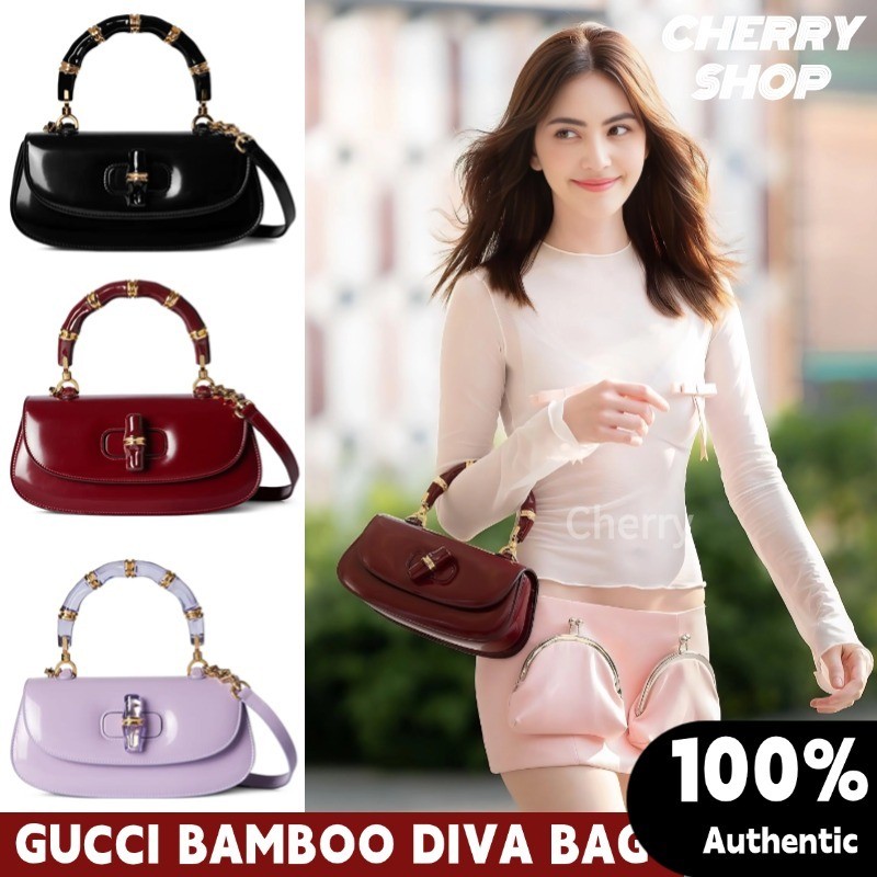 🍒🍒Gucci ไม้ไผ่ Diva กระเป๋าสะพายข้างผู้หญิงกระเป๋าสะพายข้างและกระเป๋าสะพายไม้ไผ่ Gucci 827750🍒🍒