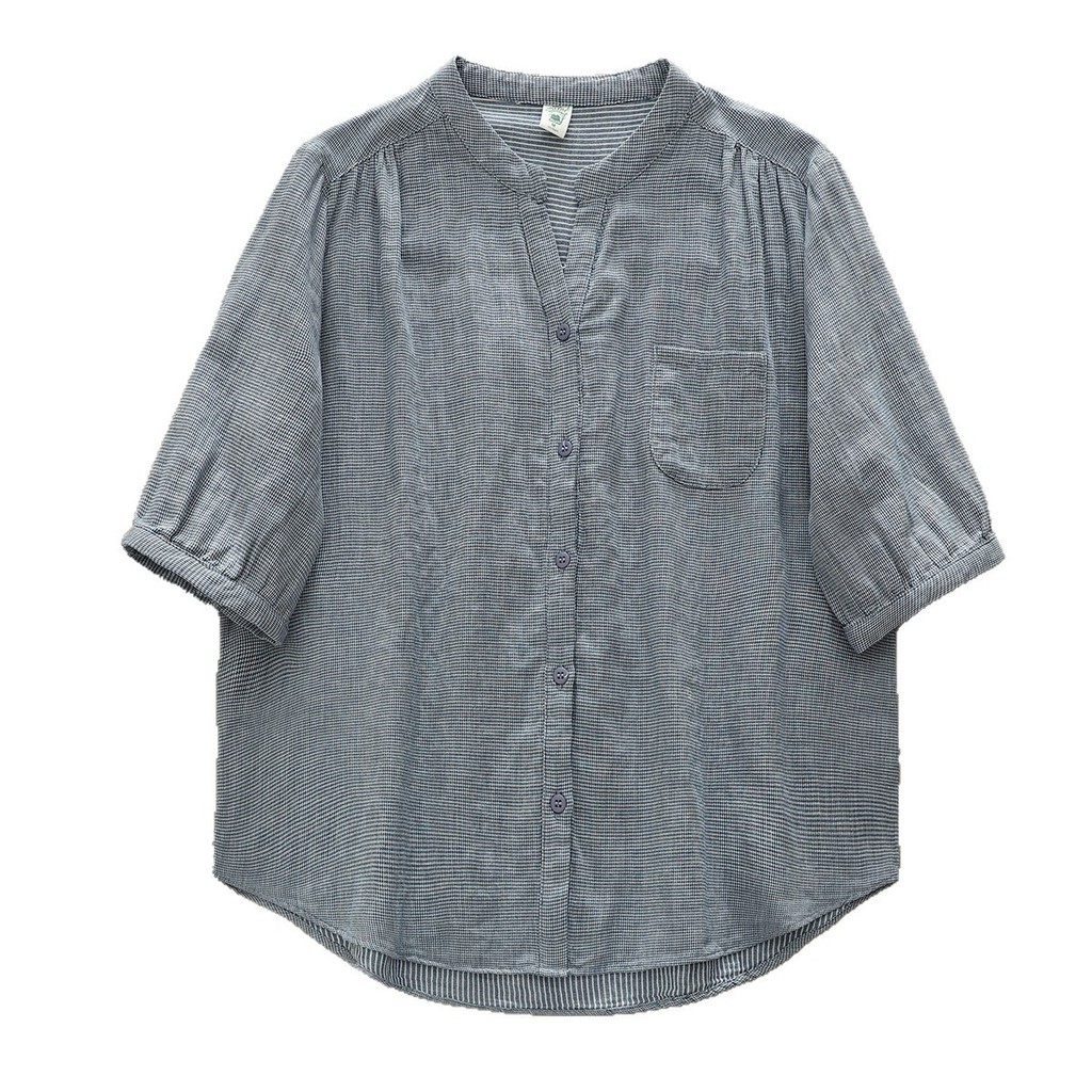 เสื้อผู้หญิงผ้าฝ้าย 100% คอวีแขนสั้น ลายสก๊อต ฤดูร้อน ใส่สบาย