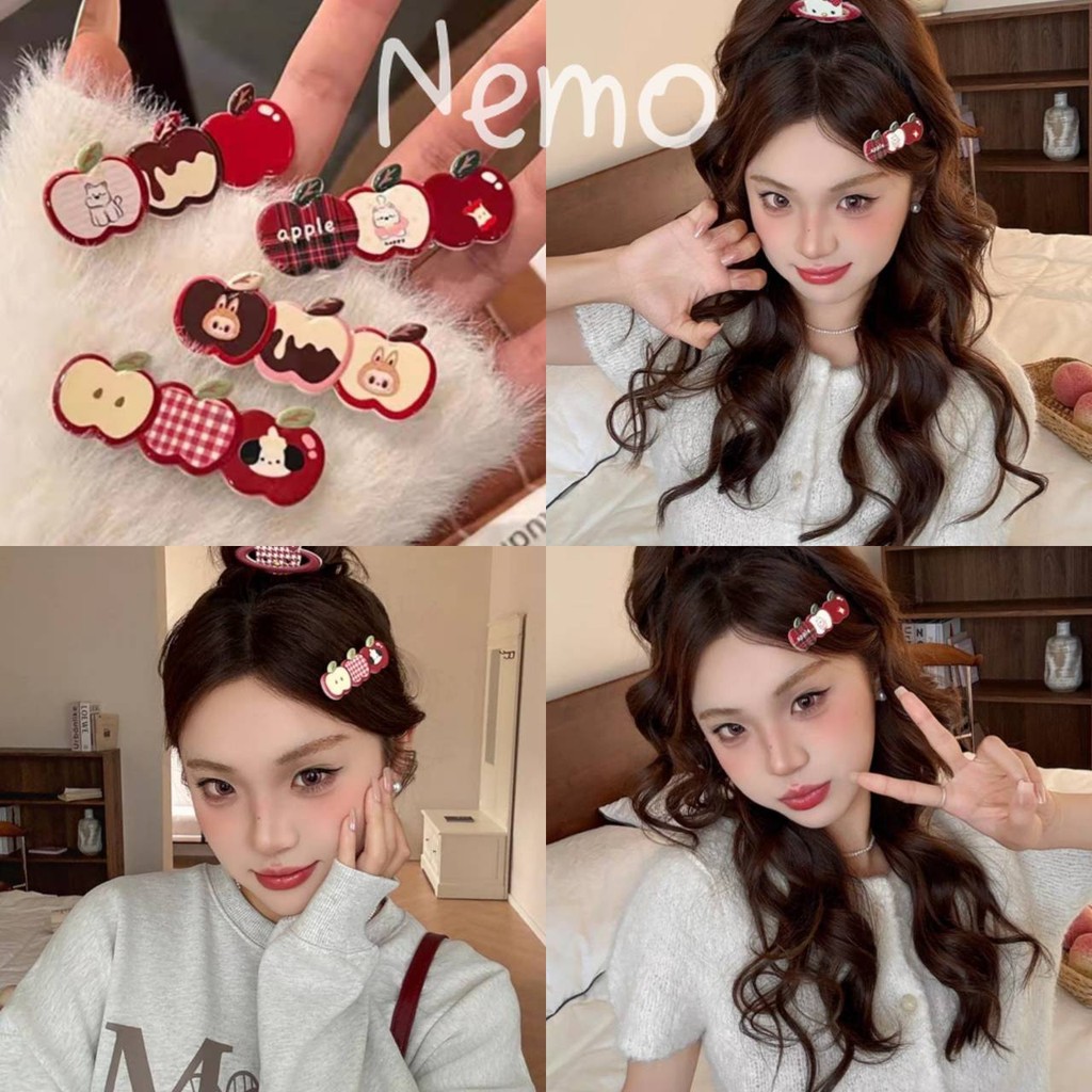 Nemo store🌸#VO-6 สับติดผมแอปเปิลการ์ตุนน่ารักสาหรับผู้หญิงฤดูใบไม้ร่วงและฤดหนาวหน้าผากด้านข้างหน้าก็๊บ