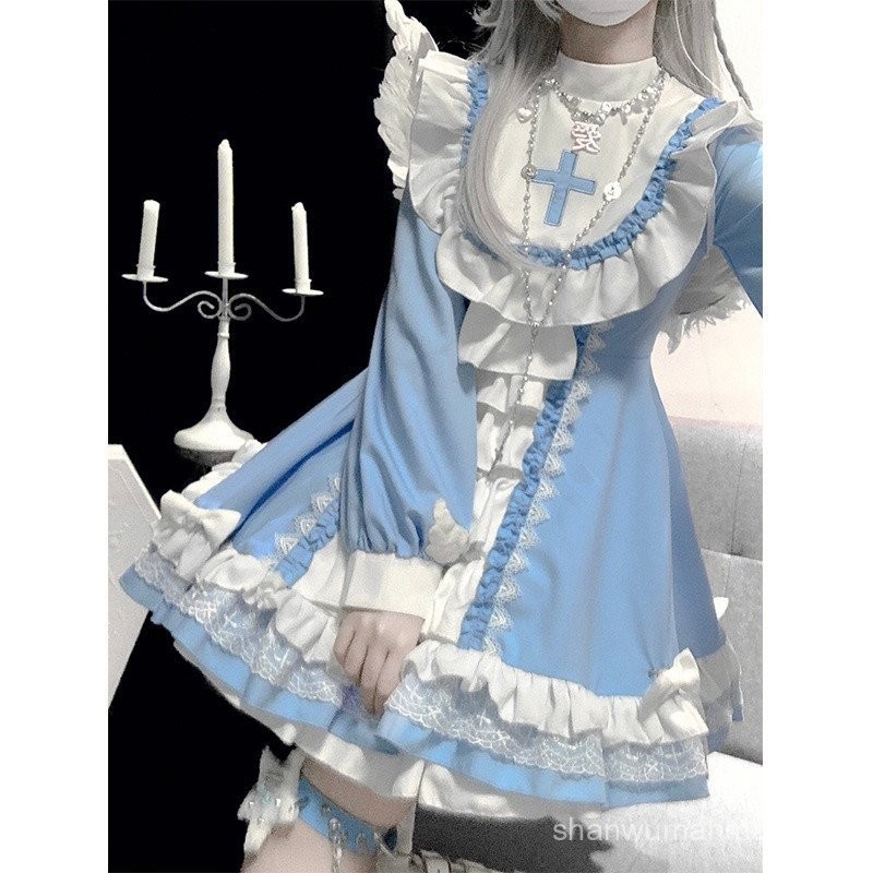 Gothic Nun Style lolita Blue White Dress Dress Dress lolita Cute Daily