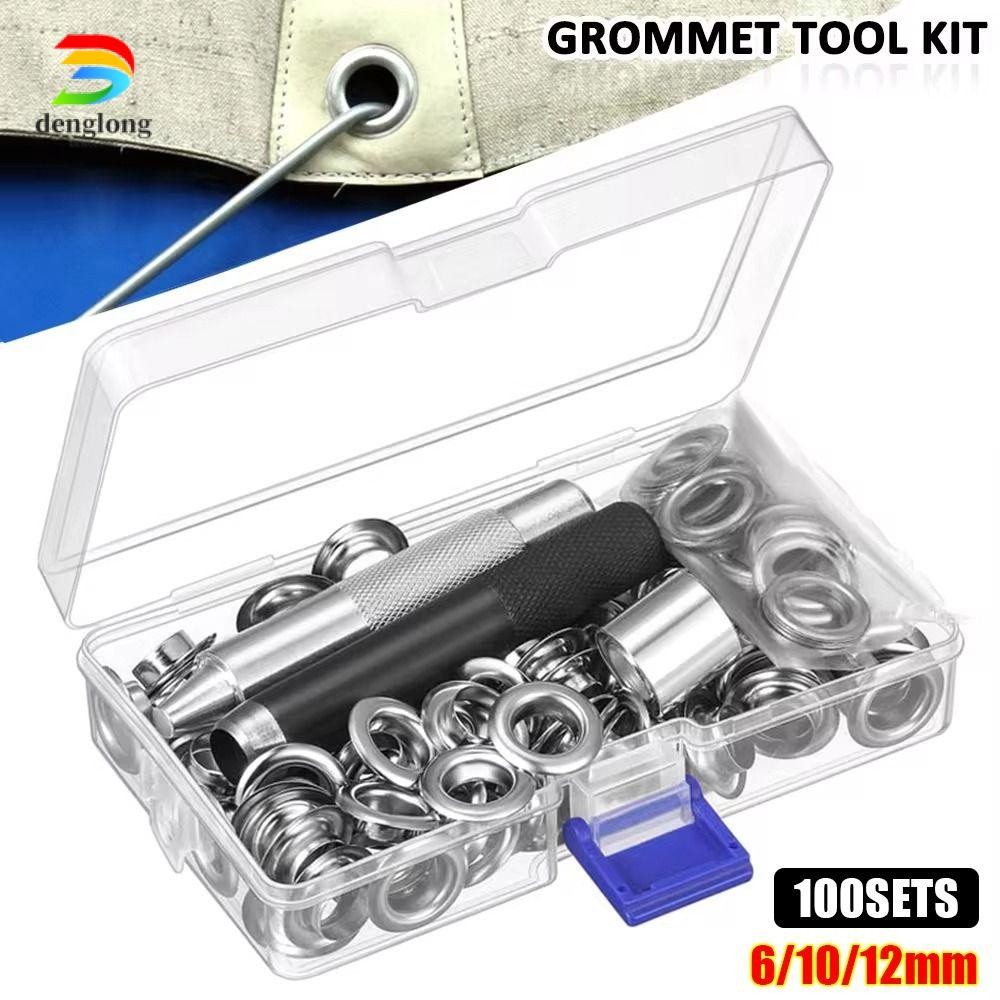 DENGLONG 100 ชุด Grommets ตาไก่, 6/10/12 มม.รองเท้ากระเป๋าหนังหัตถกรรม DIY Grommet ชุดเครื่องมือ, สําหรับผ้าม่านเสื้อผ้าเงินพร้อมเครื่องมือติดตั้ง Grommet การตั้งค่าเครื่องมือ