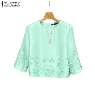ZANZEA ซานเซีย สเวตเตอร์คอกลมแขน3/4 พิมพ์ลายดอกไม้ เสื้อย้อนยุคสำหรับผู้หญิง