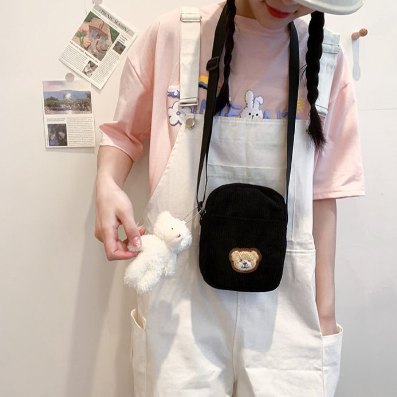 HC017 Cord Bear Bag กระเป๋าสะพายสตรี Bear Motif สไตล์เกาหลี Stylish Girls School Bag Canvas Bag