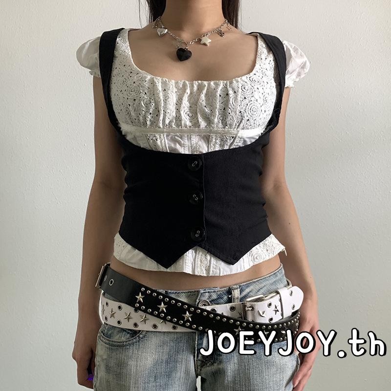 JOEYJOY-เสื้อกั๊กสีดําสําหรับผู้หญิงเสื้อกั๊กติดกระดุมสีทึบอเนกประสงค์แฟชั่น