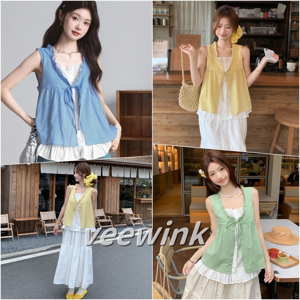 Veewink พร้อมส่งจากกทม เสื้อเชิ้ตสไตล์เกาหลี ลายตารางสองชั้น แขนจีบโบว์ ใส่สบาย ทรงหลวม สำหรับสาววัยใส