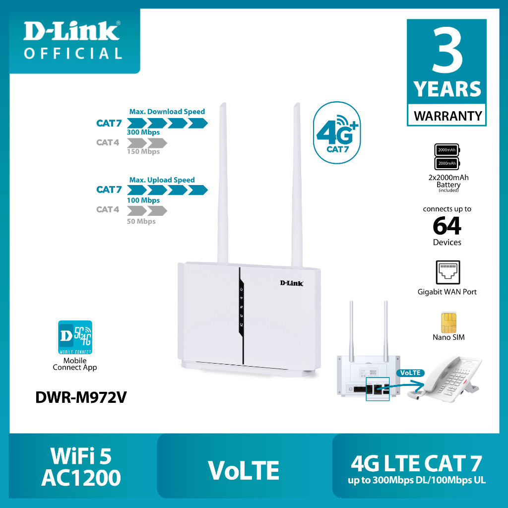 D-Link DWR-M972V 4G LTE CAT7 Wi-Fi Router แบบใส่ซิมขนาด Nano SIM