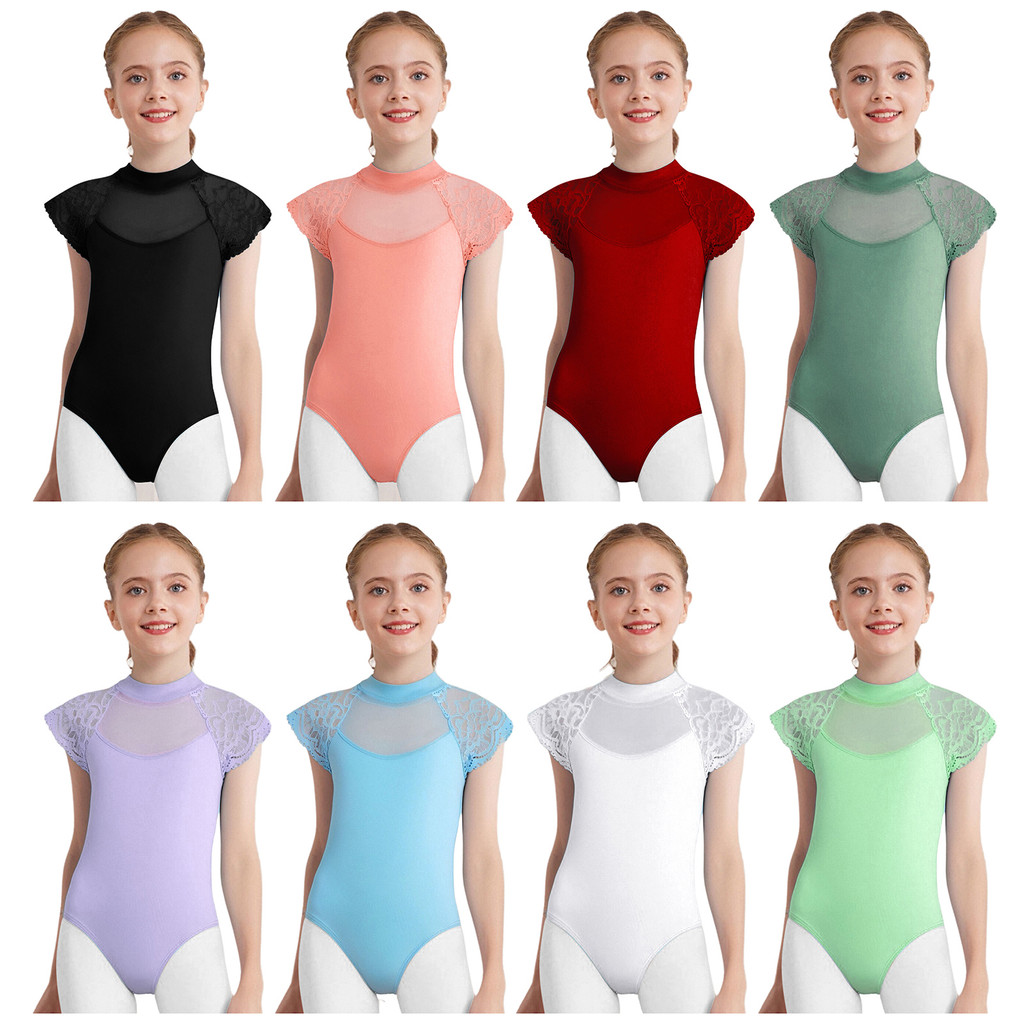 Yeahdor เด็กผู้หญิงลูกไม้หมวกแขนเต้นรํา Leotard Sheer ตาข่าย Patchwork Cutout บอดี้สูทบัลเล่ต์สอบ Dancewear
